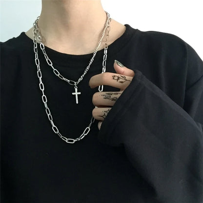 New Personality Cross Square Metal Multilayer Hip hop Long Chain Cool Simple Necklace For Women men Jewelry Gifts 19