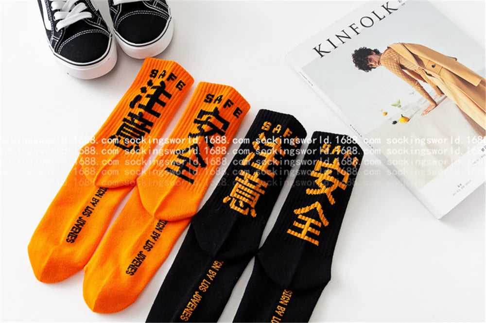 Hip Hop Socks Mens High Quality Cotton Harajuku Tactical Socks Streetwear Casual Skateboard Sock Unisex Black Oragne WZ02