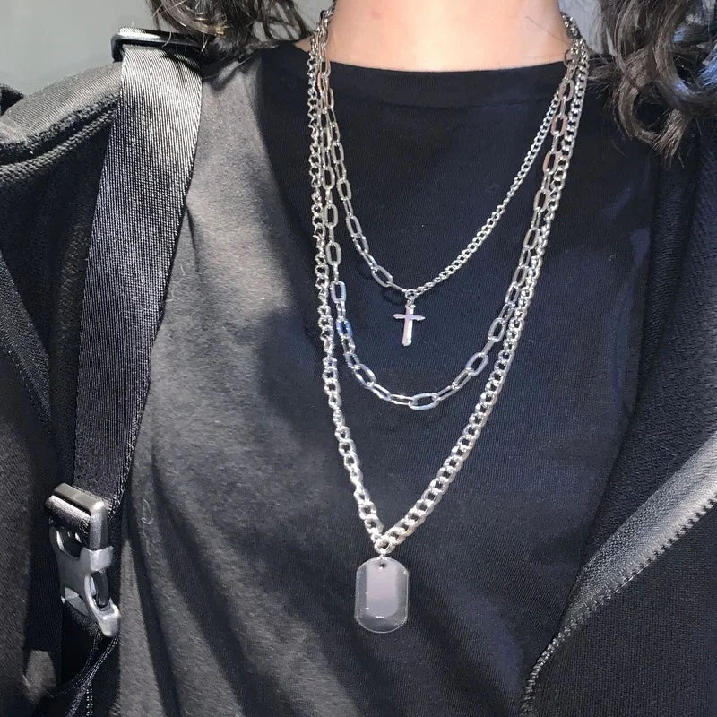 New Personality Cross Square Metal Multilayer Hip hop Long Chain Cool Simple Necklace For Women men Jewelry Gifts 19