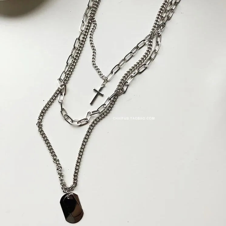 New Personality Cross Square Metal Multilayer Hip hop Long Chain Cool Simple Necklace For Women men Jewelry Gifts 19