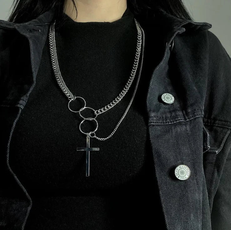 New Personality Cross Square Metal Multilayer Hip hop Long Chain Cool Simple Necklace For Women men Jewelry Gifts 19