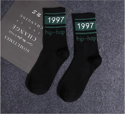 Men Socks Cotton Graphic Hip-Hop 1997 Pattern Funny Long Women Black Hot Fashion Solid Sport Street Casual Hosiery