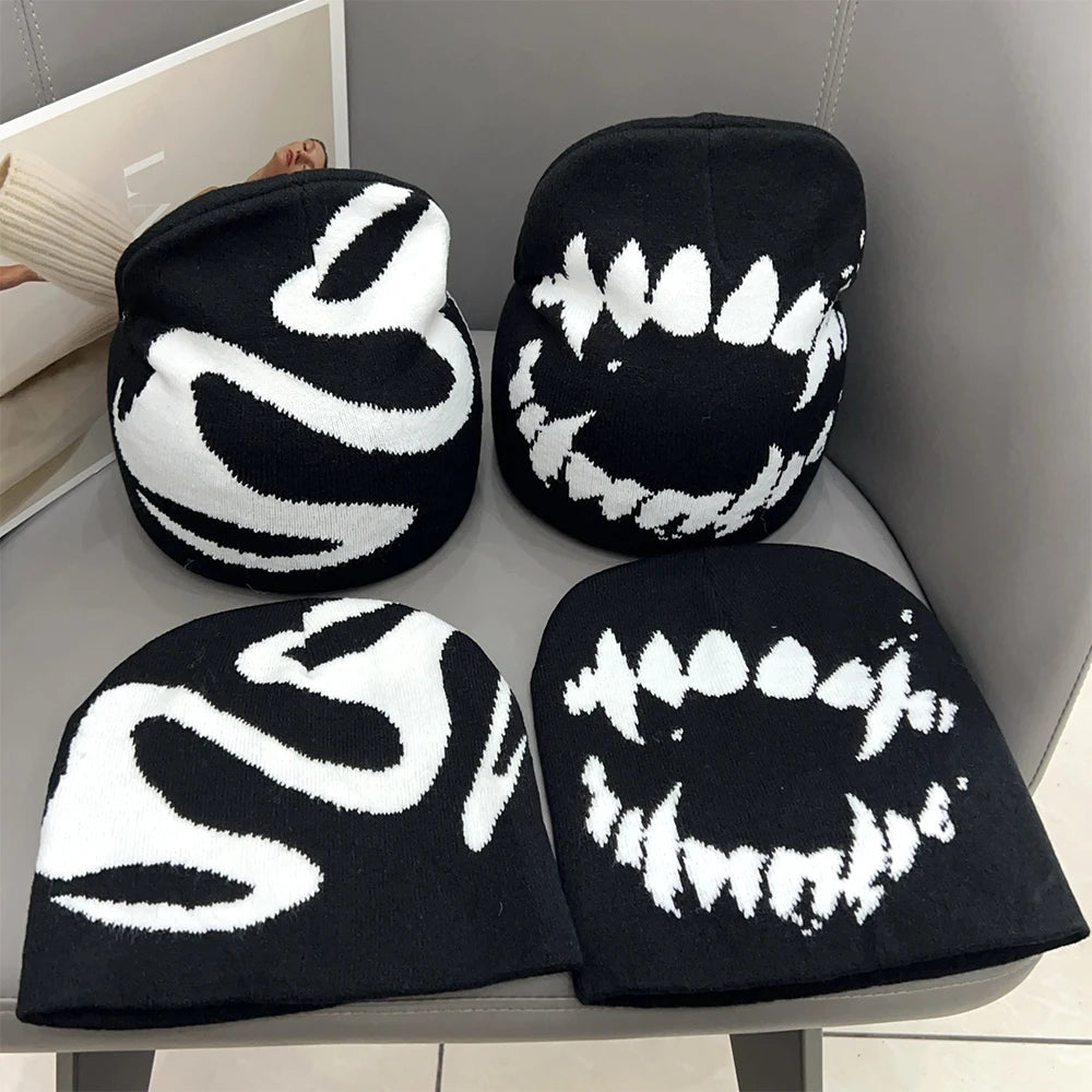 Women Hat Knitting Beanies Goth Tooth Caps Men Y2k Streetwear Winter Fashion Pullover Kpop Harajuku Vintage Warm Hip Hop Unisex