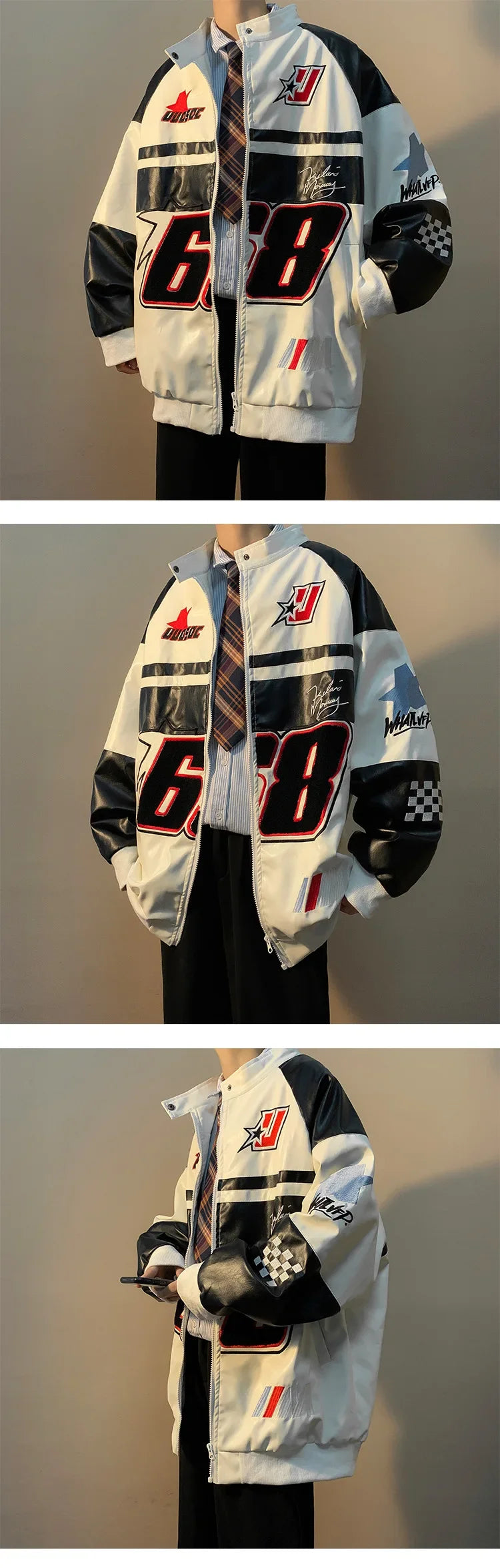 American Retro Hip-hop Letter Embroidered Jacket Men's Fashion Loose Streetwear Oversized Cool Windproof Punk Racing Coats