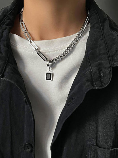 Creative Hip-hop Tide Brand Simple Black Square Earrings Pendant Necklace Men's Dual-use Design Stainless Steel Stitch Necklace