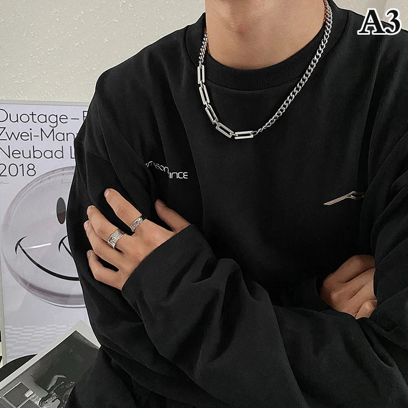 Creative Hip-hop Tide Brand Simple Black Square Earrings Pendant Necklace Men's Dual-use Design Stainless Steel Stitch Necklace