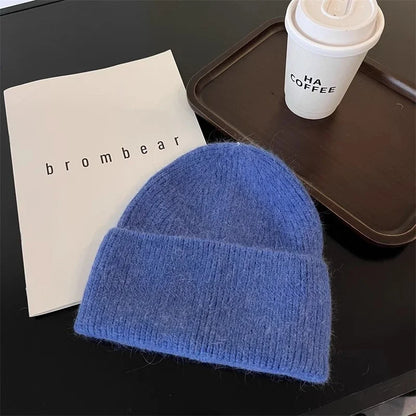 Angora Rabbit Fur Knitted Hat Women Soft Warm Fluffy Winter Hat Korea Ins Fashion Beanies Female Bonnet Warm Knit Skullies Cap