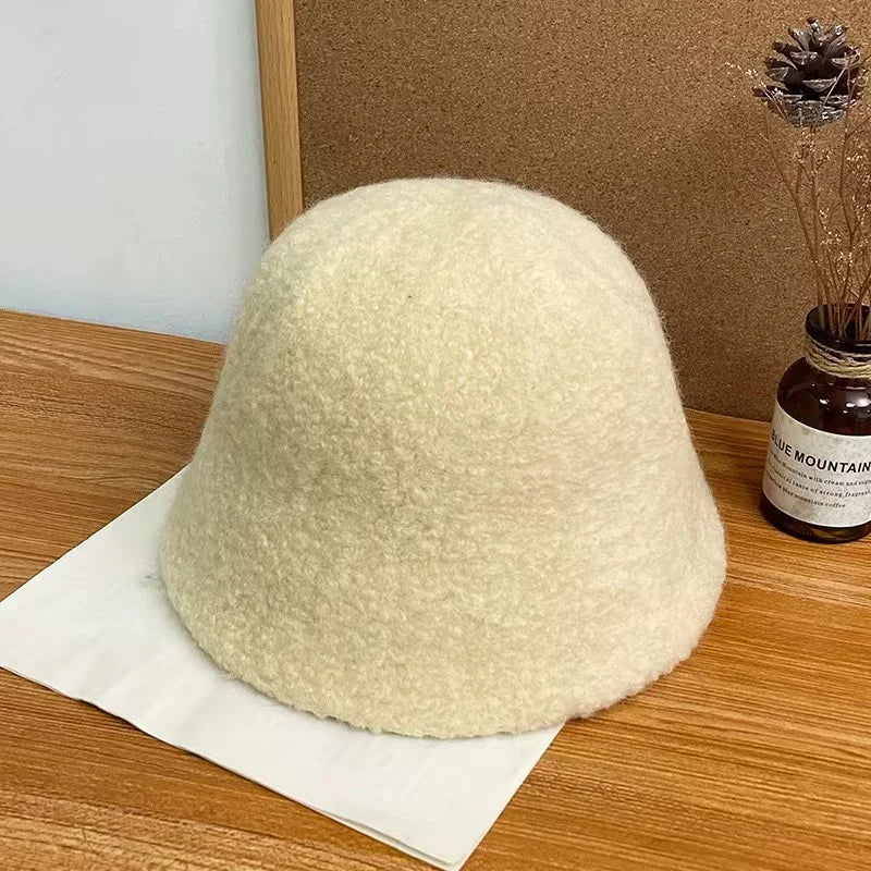 Japanese Style Simple Wool Bucket Hat for Women Solid Fisherman Hat Autumn Winter Versatile Fashion Outdoor Warm Panama Cap