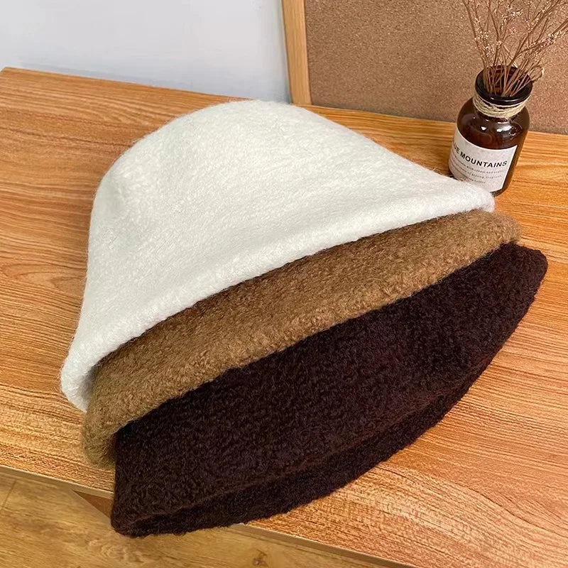 Japanese Style Simple Wool Bucket Hat for Women Solid Fisherman Hat Autumn Winter Versatile Fashion Outdoor Warm Panama Cap