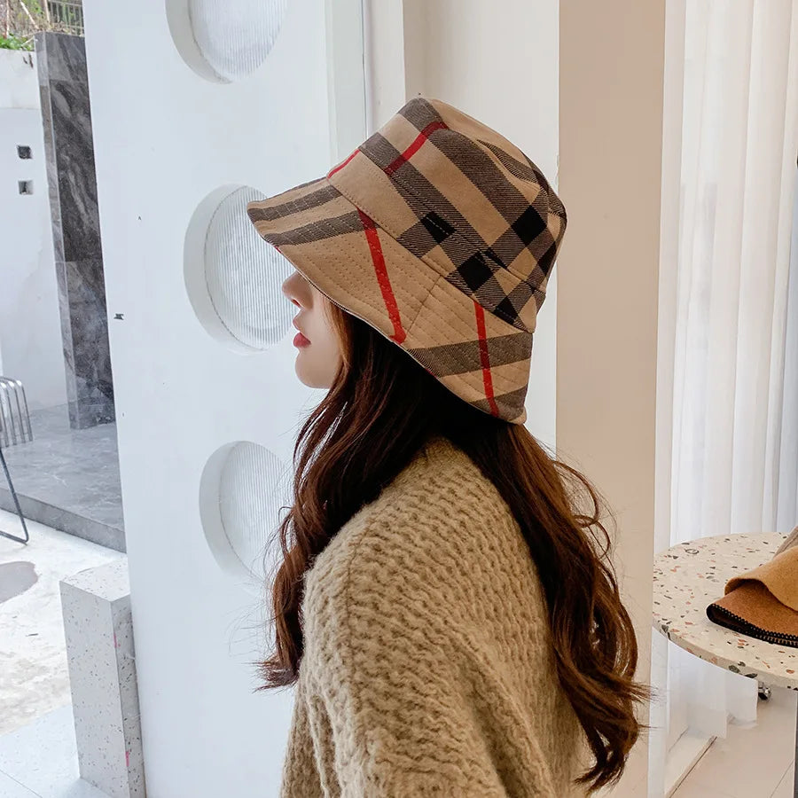 Plaid Colourful Fisherman's Hat Women Korean Suede Basin Hat Casual Foldable Warm Hat Fashionable Soft 56-58cm