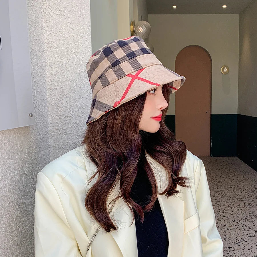 Plaid Colourful Fisherman's Hat Women Korean Suede Basin Hat Casual Foldable Warm Hat Fashionable Soft 56-58cm