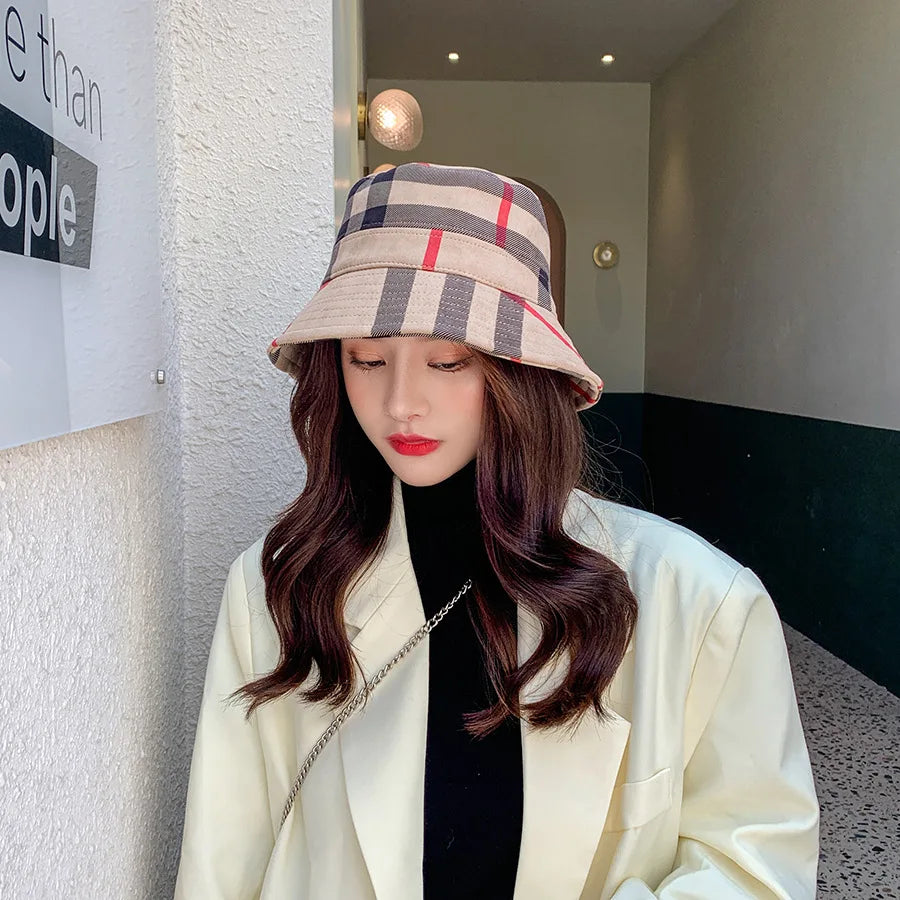 Plaid Colourful Fisherman's Hat Women Korean Suede Basin Hat Casual Foldable Warm Hat Fashionable Soft 56-58cm