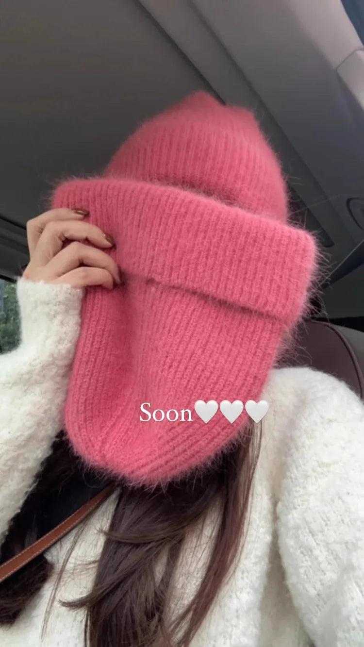 Angora Rabbit Fur Knitted Hat Women Soft Warm Fluffy Winter Hat Korea Ins Fashion Beanies Female Bonnet Warm Knit Skullies Cap