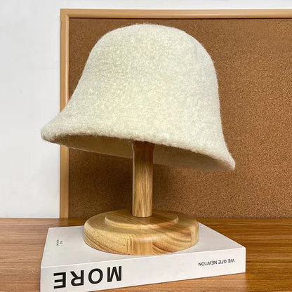 Japanese Style Simple Wool Bucket Hat for Women Solid Fisherman Hat Autumn Winter Versatile Fashion Outdoor Warm Panama Cap