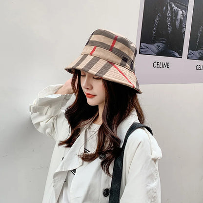 Plaid Colourful Fisherman's Hat Women Korean Suede Basin Hat Casual Foldable Warm Hat Fashionable Soft 56-58cm