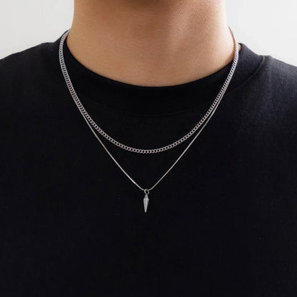 KunJoe 2pcs/set Stainless Steel Metal Rivet Pendant Thin Snake Chain Necklace for Men Punk Silver Color Cuban Link Chain Choker