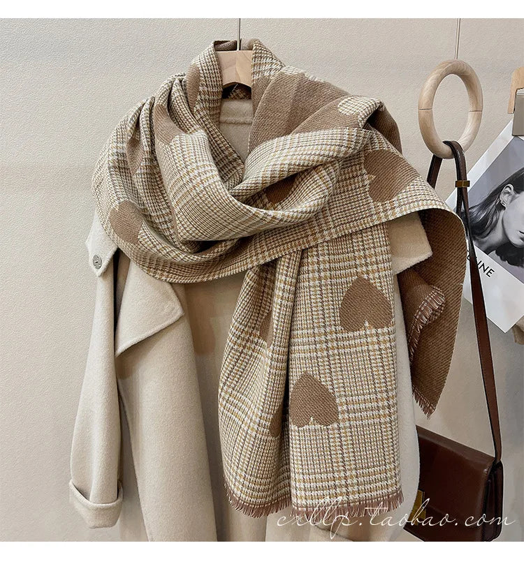 2024 New Double Side Cashmere Scarf Winter Women's Love Heart Plaid Ladies Long Thickened Warm Knitted Scarf Hijab Stole