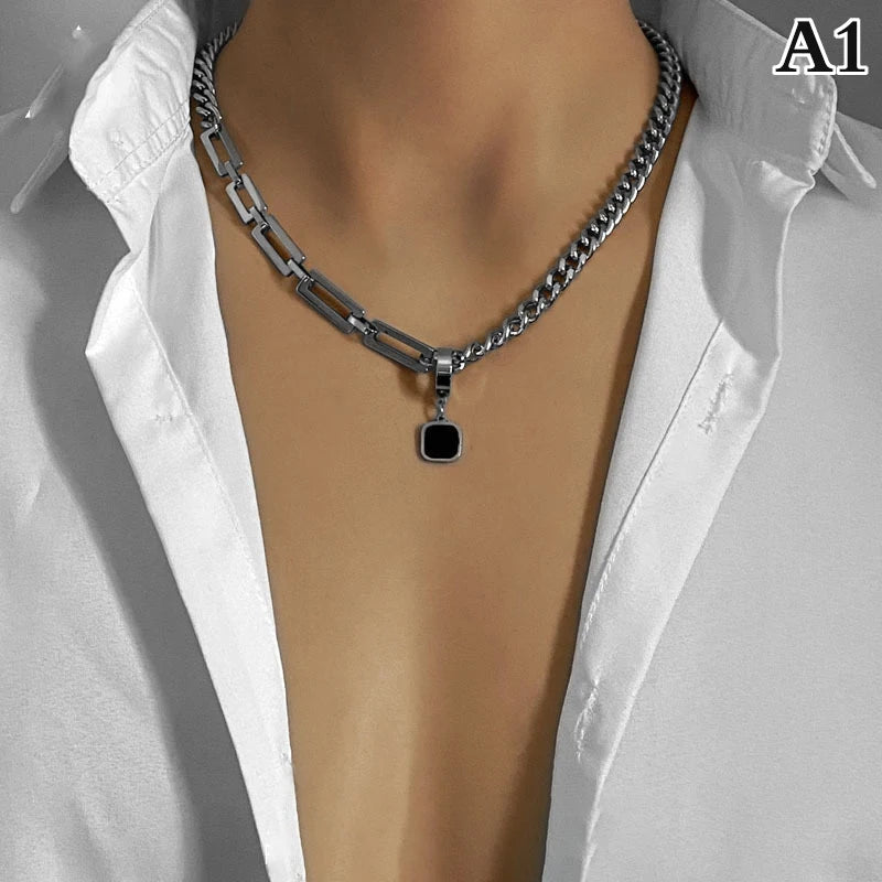 Creative Hip-hop Tide Brand Simple Black Square Earrings Pendant Necklace Men's Dual-use Design Stainless Steel Stitch Necklace