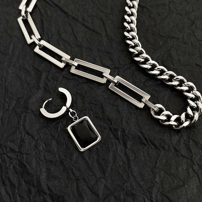 Creative Hip-hop Tide Brand Simple Black Square Earrings Pendant Necklace Men's Dual-use Design Stainless Steel Stitch Necklace