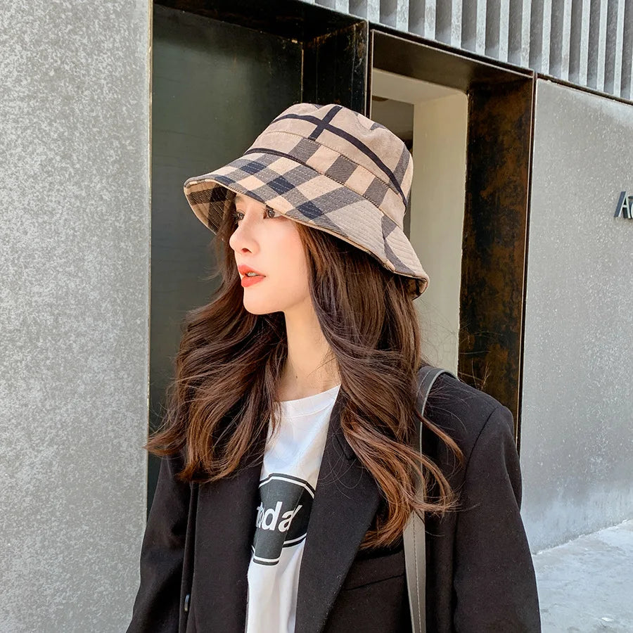 Plaid Colourful Fisherman's Hat Women Korean Suede Basin Hat Casual Foldable Warm Hat Fashionable Soft 56-58cm