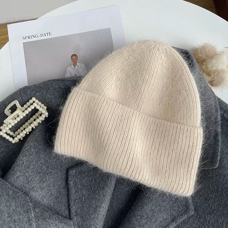 Angora Rabbit Fur Knitted Hat Women Soft Warm Fluffy Winter Hat Korea Ins Fashion Beanies Female Bonnet Warm Knit Skullies Cap