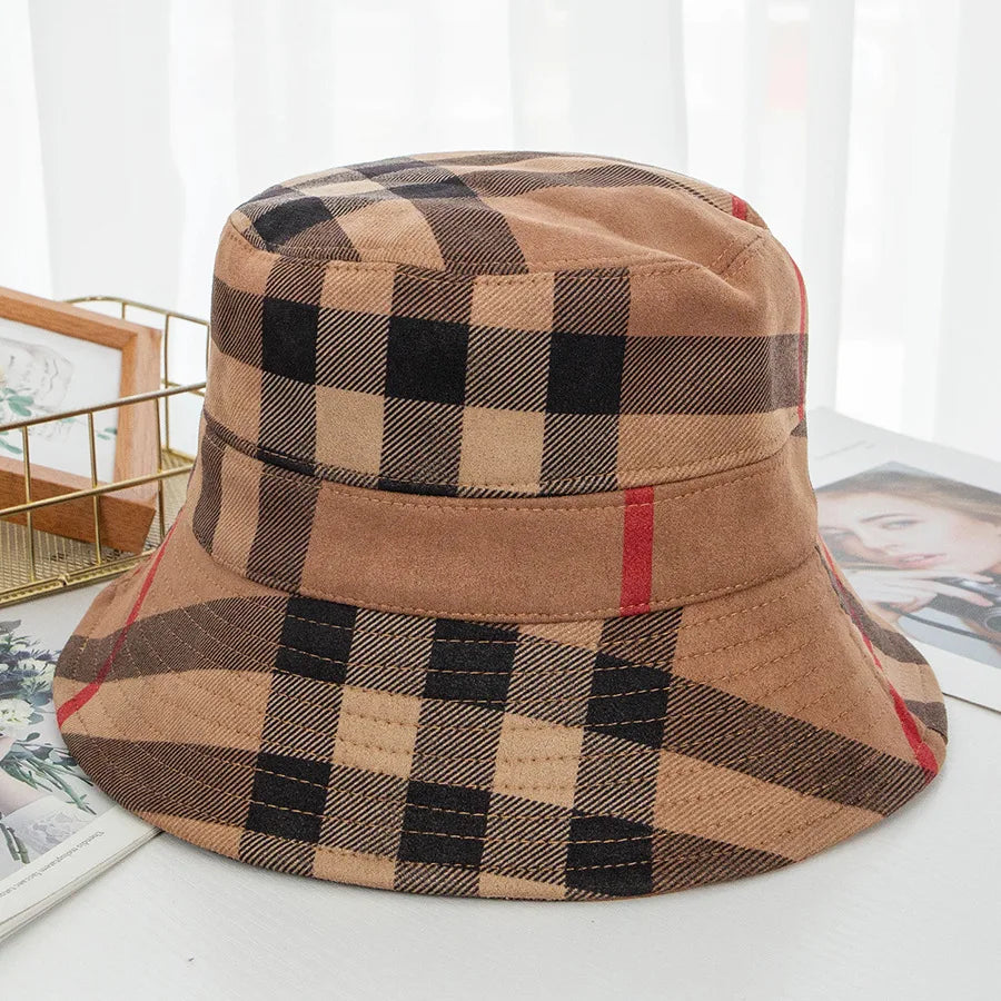 Plaid Colourful Fisherman's Hat Women Korean Suede Basin Hat Casual Foldable Warm Hat Fashionable Soft 56-58cm