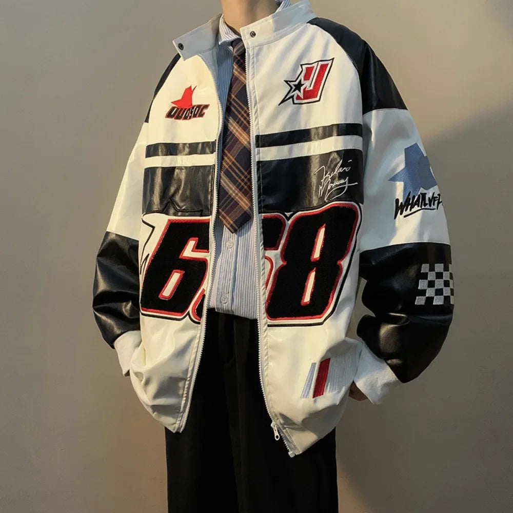 American Retro Hip-hop Letter Embroidered Jacket Men's Fashion Loose Streetwear Oversized Cool Windproof Punk Racing Coats