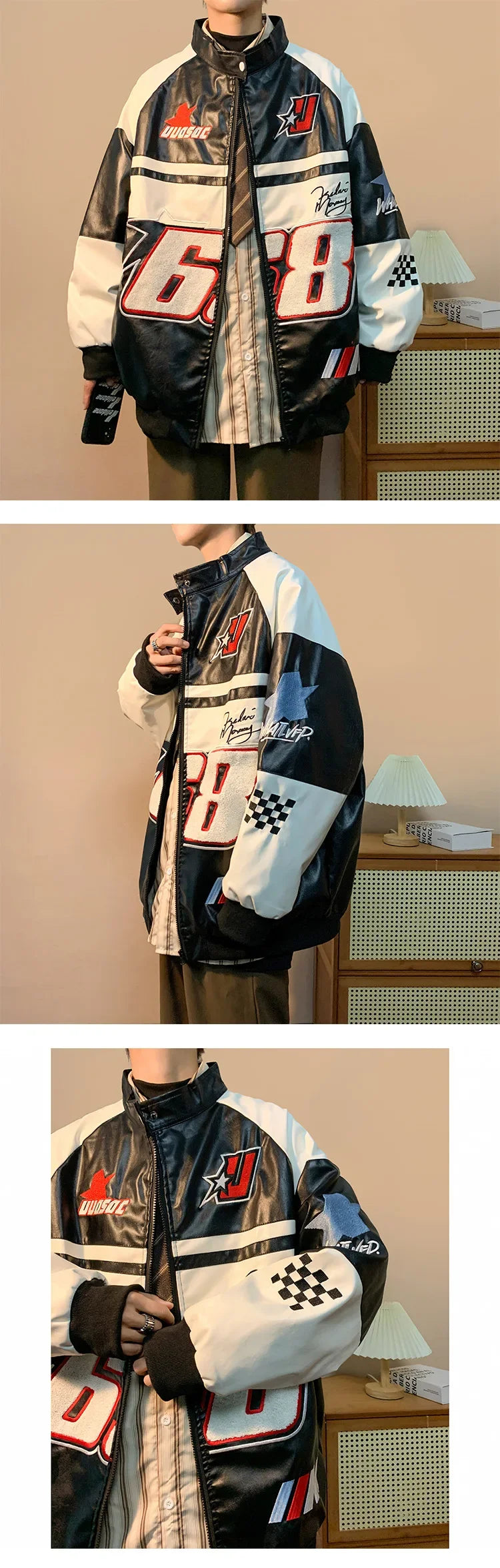 American Retro Hip-hop Letter Embroidered Jacket Men's Fashion Loose Streetwear Oversized Cool Windproof Punk Racing Coats