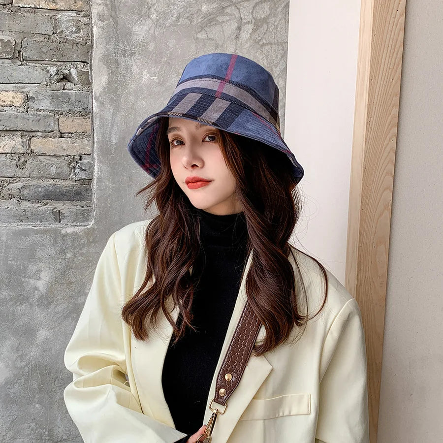 Plaid Colourful Fisherman's Hat Women Korean Suede Basin Hat Casual Foldable Warm Hat Fashionable Soft 56-58cm