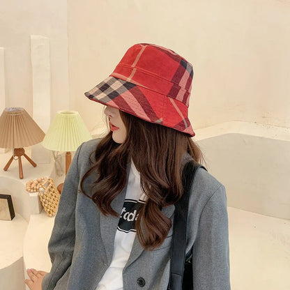 Plaid Colourful Fisherman's Hat Women Korean Suede Basin Hat Casual Foldable Warm Hat Fashionable Soft 56-58cm