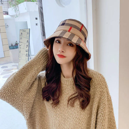 Plaid Colourful Fisherman's Hat Women Korean Suede Basin Hat Casual Foldable Warm Hat Fashionable Soft 56-58cm