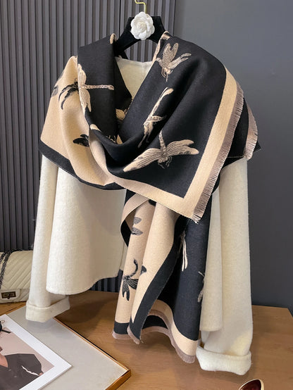 2024 New Warm Cashmere Scarf Winter Dragonfly Large Pashmina Thick Blanket Shawls Bufanda Foulard Neckerchief Design Echarpe