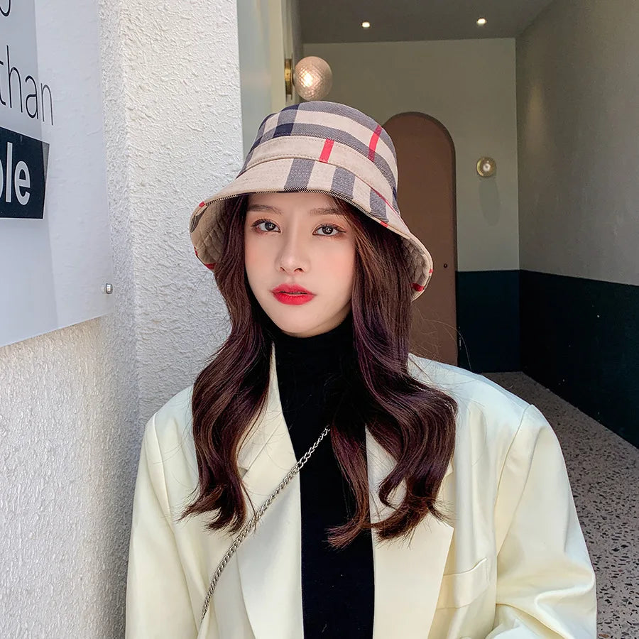 Plaid Colourful Fisherman's Hat Women Korean Suede Basin Hat Casual Foldable Warm Hat Fashionable Soft 56-58cm