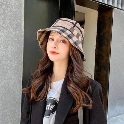 Plaid Colourful Fisherman's Hat Women Korean Suede Basin Hat Casual Foldable Warm Hat Fashionable Soft 56-58cm