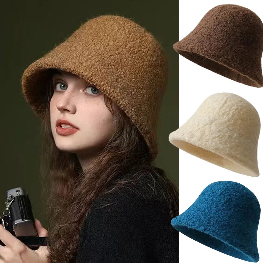 Japanese Style Simple Wool Bucket Hat for Women Solid Fisherman Hat Autumn Winter Versatile Fashion Outdoor Warm Panama Cap