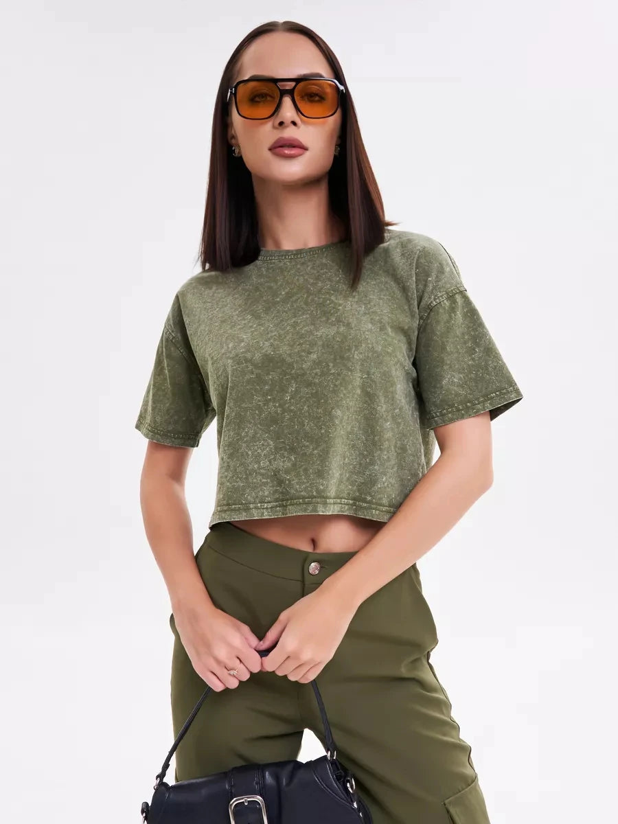 Fashion Womens Cotton Washed Solid T-shirts Comfortable O-Neck Crop Tops Casual Short Sleeve Tees Y2k Street Female Clothes