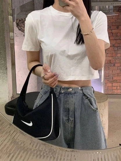 T-shirt Women Cropped Solid Sexy Minimalist Hot Sale Slim Casual Fashion Preppy Chic Basic Tops Korean Style Streetwear Popular