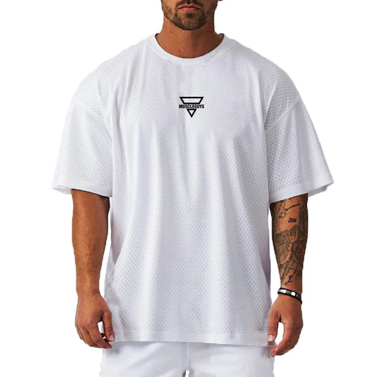 Oversize Loose Hip Hop Fitness Shirt Gym Bodybuilding Running T-shirts Summer Quick Dry Mesh Short Sleeve Casual Sport Tees