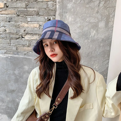 Plaid Colourful Fisherman's Hat Women Korean Suede Basin Hat Casual Foldable Warm Hat Fashionable Soft 56-58cm