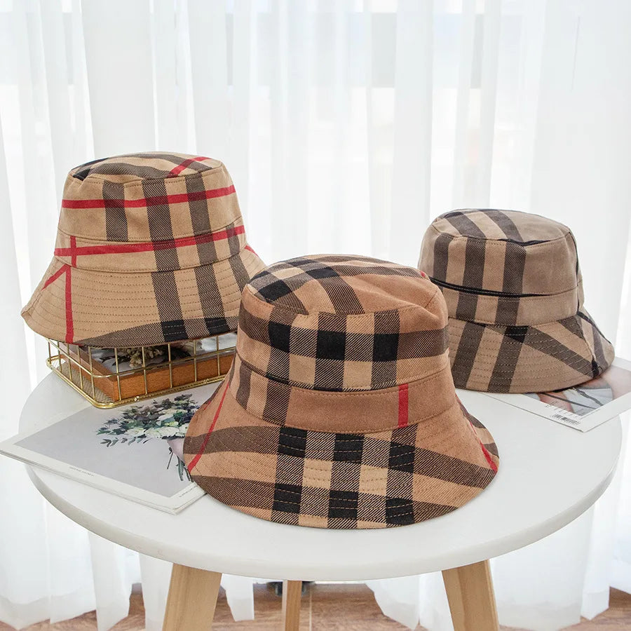 Plaid Colourful Fisherman's Hat Women Korean Suede Basin Hat Casual Foldable Warm Hat Fashionable Soft 56-58cm