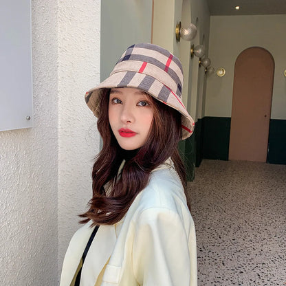 Plaid Colourful Fisherman's Hat Women Korean Suede Basin Hat Casual Foldable Warm Hat Fashionable Soft 56-58cm