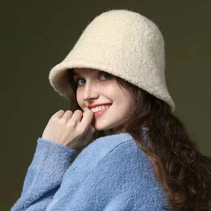 Japanese Style Simple Wool Bucket Hat for Women Solid Fisherman Hat Autumn Winter Versatile Fashion Outdoor Warm Panama Cap