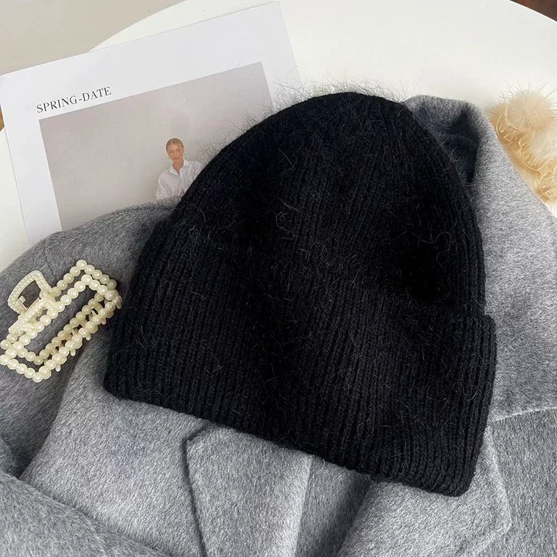 Angora Rabbit Fur Knitted Hat Women Soft Warm Fluffy Winter Hat Korea Ins Fashion Beanies Female Bonnet Warm Knit Skullies Cap