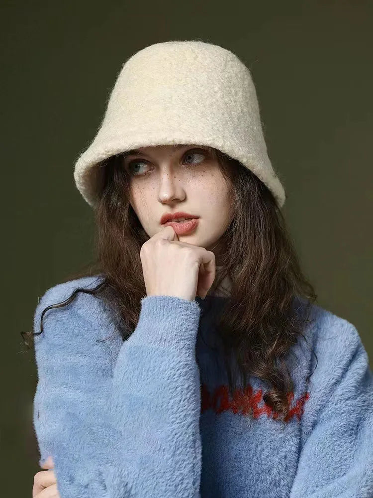 Japanese Style Simple Wool Bucket Hat for Women Solid Fisherman Hat Autumn Winter Versatile Fashion Outdoor Warm Panama Cap