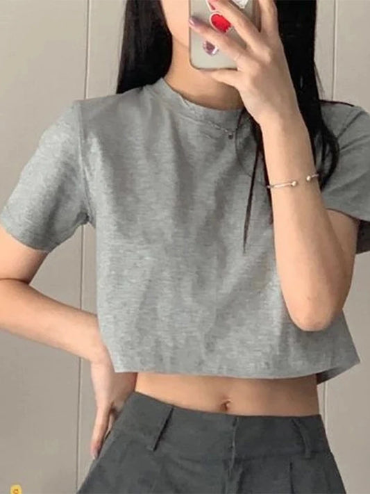 T-shirt Women Cropped Solid Sexy Minimalist Hot Sale Slim Casual Fashion Preppy Chic Basic Tops Korean Style Streetwear Popular