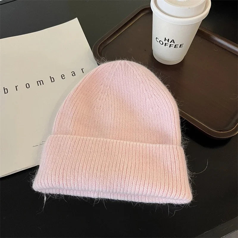 Angora Rabbit Fur Knitted Hat Women Soft Warm Fluffy Winter Hat Korea Ins Fashion Beanies Female Bonnet Warm Knit Skullies Cap