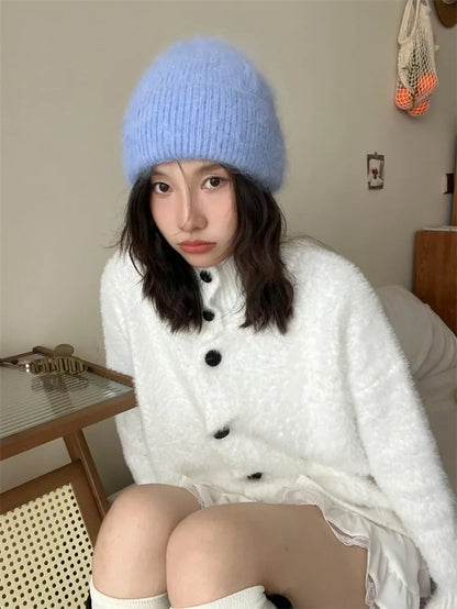 Angora Rabbit Fur Knitted Hat Women Soft Warm Fluffy Winter Hat Korea Ins Fashion Beanies Female Bonnet Warm Knit Skullies Cap