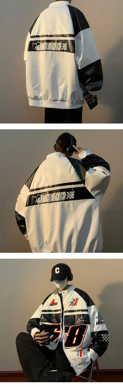 American Retro Hip-hop Letter Embroidered Jacket Men's Fashion Loose Streetwear Oversized Cool Windproof Punk Racing Coats