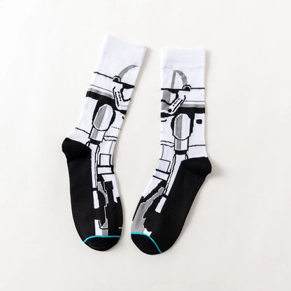 1pair Men's Cartoon Anime Print Socks Breathable Comfortable Crew Socks, Spring And Summer Sports Socks Basketball