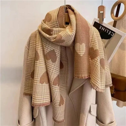 2024 New Double Side Cashmere Scarf Winter Women's Love Heart Plaid Ladies Long Thickened Warm Knitted Scarf Hijab Stole